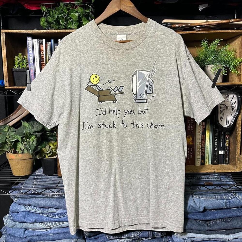 Vintage Y2K Funny Comedy Humor Tee Mens Large Stick Person TV Gray 2000s Shirt